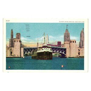 Outer Drive Bridge Skyline Postcard Chicago 1950 Double Deck Bascule Vintage